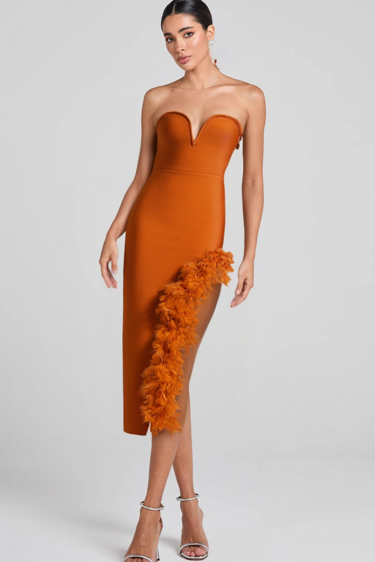 Ostrich Feather Bandage Dress With V-Neckline In Brown Flowering Girl