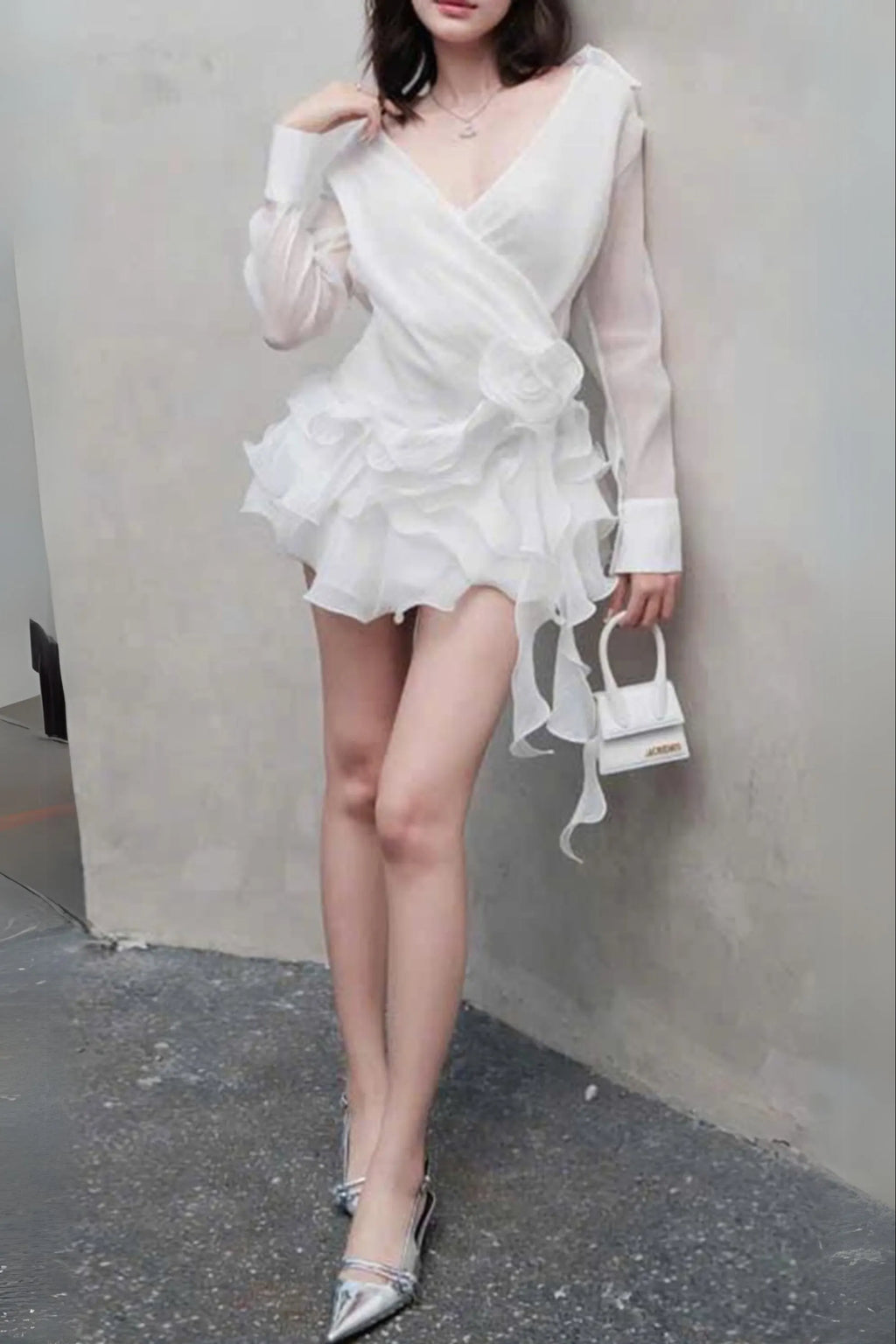 Flower Ruffle Ribbon Mini Dress In White Flowering Girl