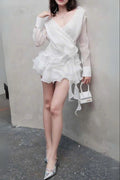 Flower Ruffle Ribbon Mini Dress In White Flowering Girl