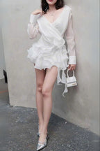 Flower Ruffle Ribbon Mini Dress In White Flowering Girl