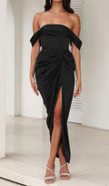 Strapless Satin Midi Dress In Black Flowering Girl