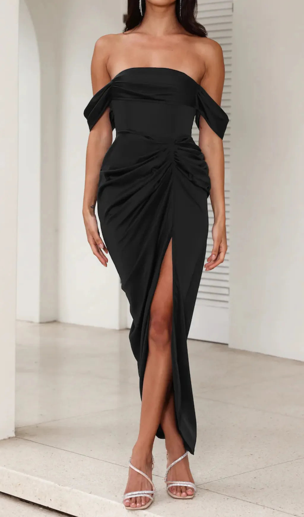 Strapless Satin Midi Dress In Black Flowering Girl