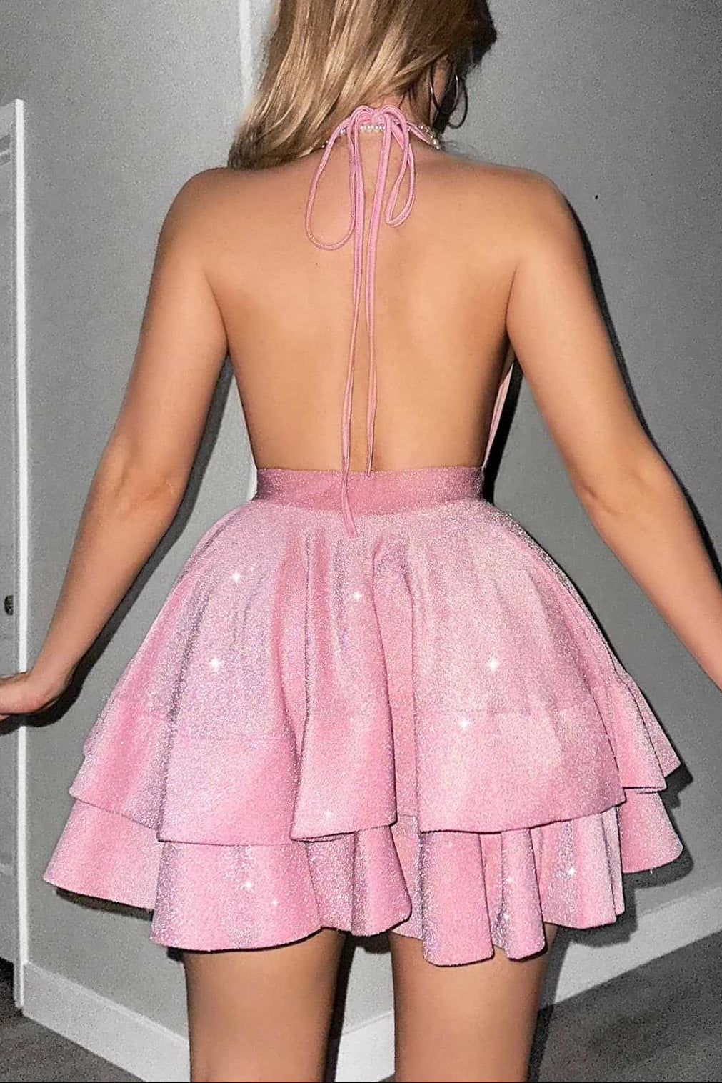 Virginia A Line Halter Tiered Mini Dress In Pink Flowering Girl