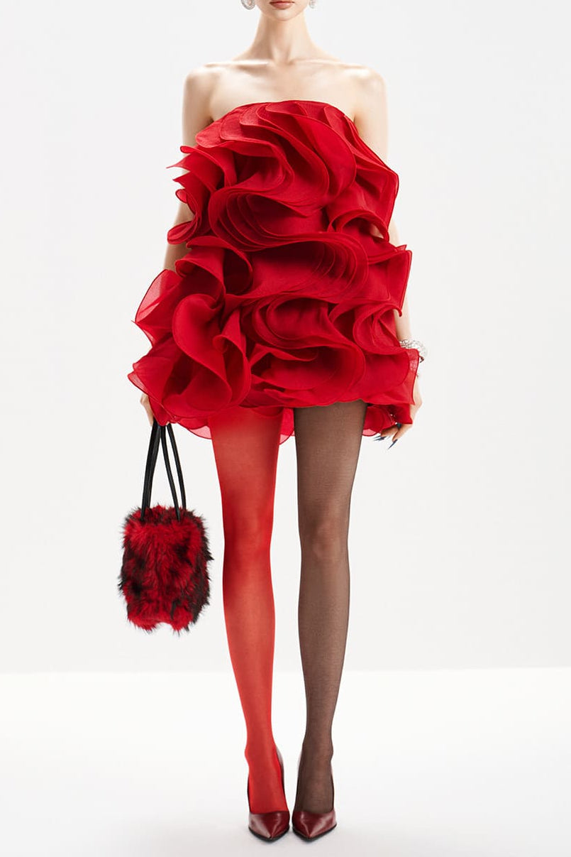 Verna Multi-Layered 3d Pleated Mini Dress In Red Flowering Girl