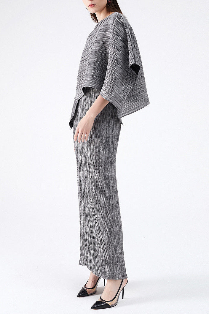 Maureen Pleated Midi Dress With Cape In Gray Set Flowering Girl