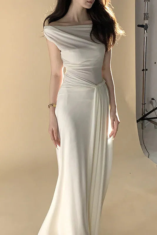 White Off-Shoulder Draped Maxi Dress Flowering Girl