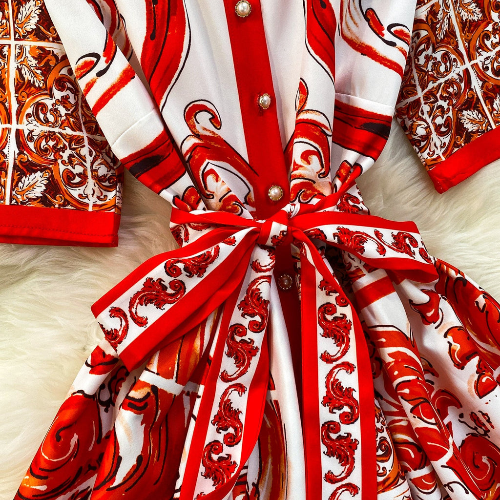 Printed Structured Cotton Or Silk Blend A-Line, Fit-And-Flare Shirt Dress Flowering Girl