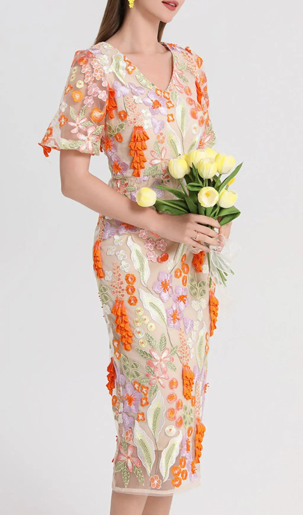 Fujiye V-Neck Flower Embroidery Midi Dress Flowering Girl