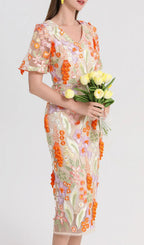 Fujiye V-Neck Flower Embroidery Midi Dress Flowering Girl