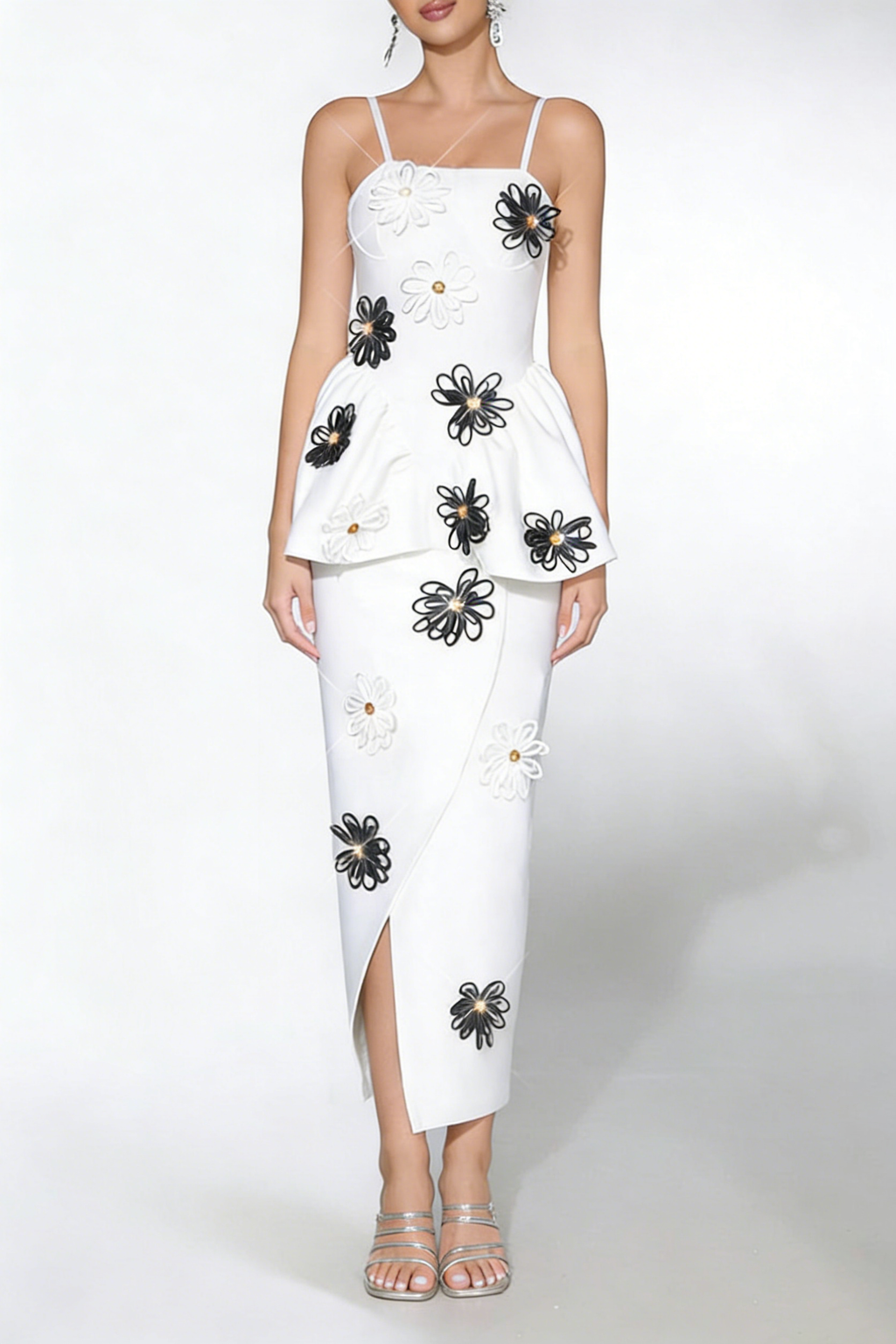White Bodycon Midi Dress Bandage Elastic Sling With Handmade Flower Flowering Girl
