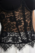 Black Spliced Floral Lace Corset Short Sleeve T-shirt Flowering Girl
