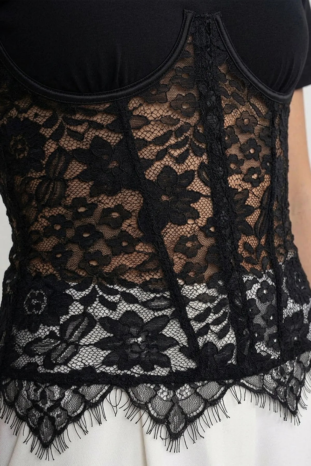 Black Spliced Floral Lace Corset Short Sleeve T-shirt Flowering Girl