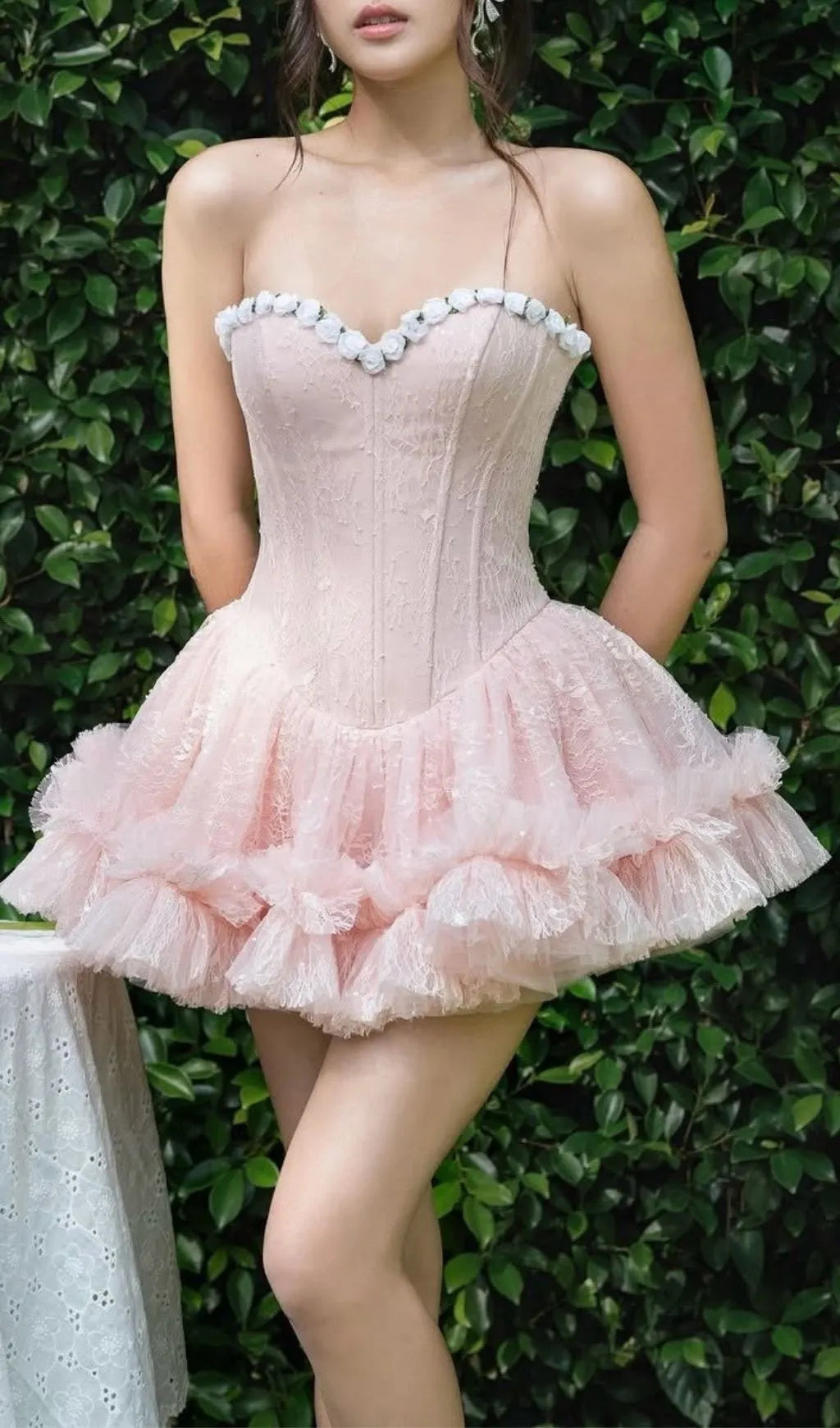 Karmina Pink Strapless Lace Corset Mini Dress Flowering Girl