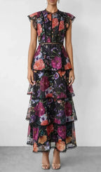 Black Floral Print Tiered Ruffle Maxi Dress Flowering Girl