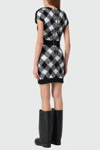 Button-Embellished Plaid Texture Mini Dress Flowering Girl