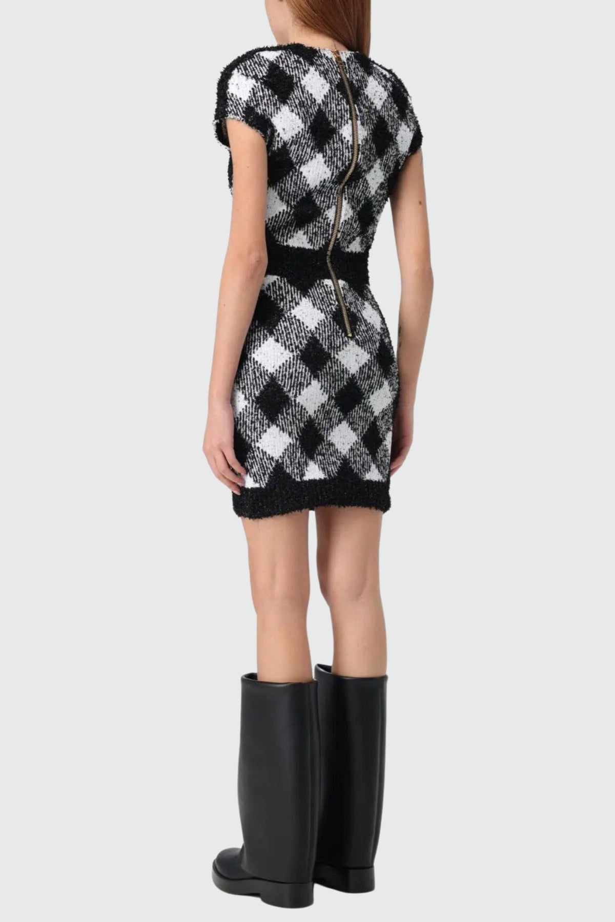 Button-Embellished Plaid Texture Mini Dress Flowering Girl
