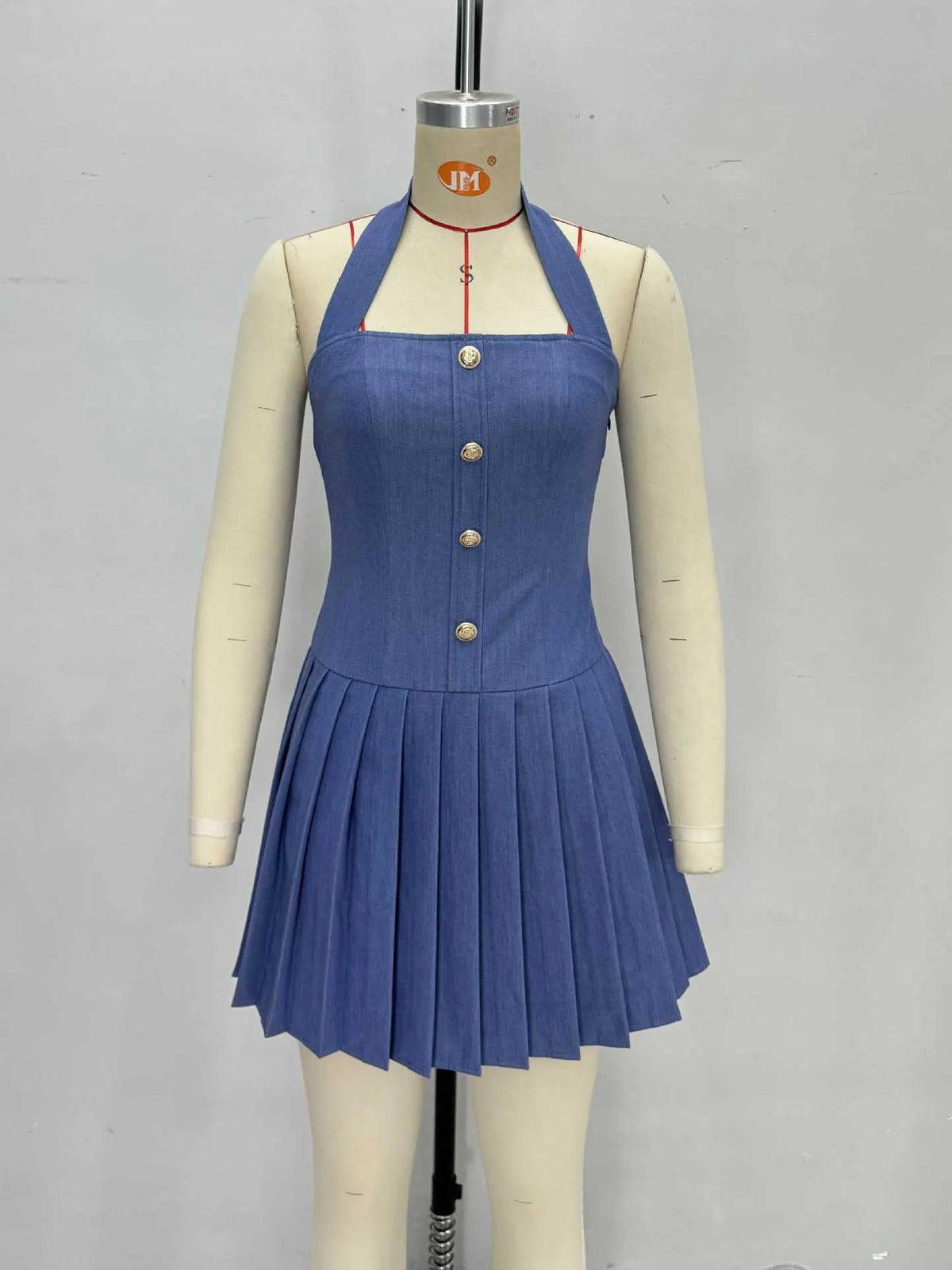 Light Denim Halter Square Neck Gold Button Pleated Mini Dress Flowering Girl