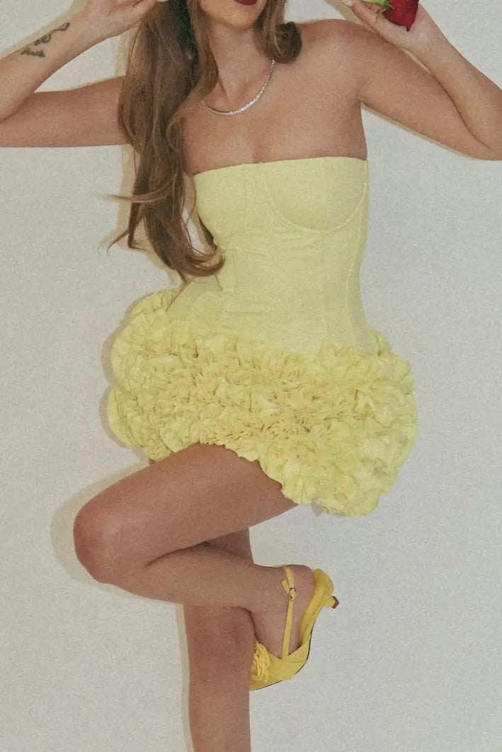 Amy Flower Embellished Mini Skirt Corset Set In Yellow Flowering Girl