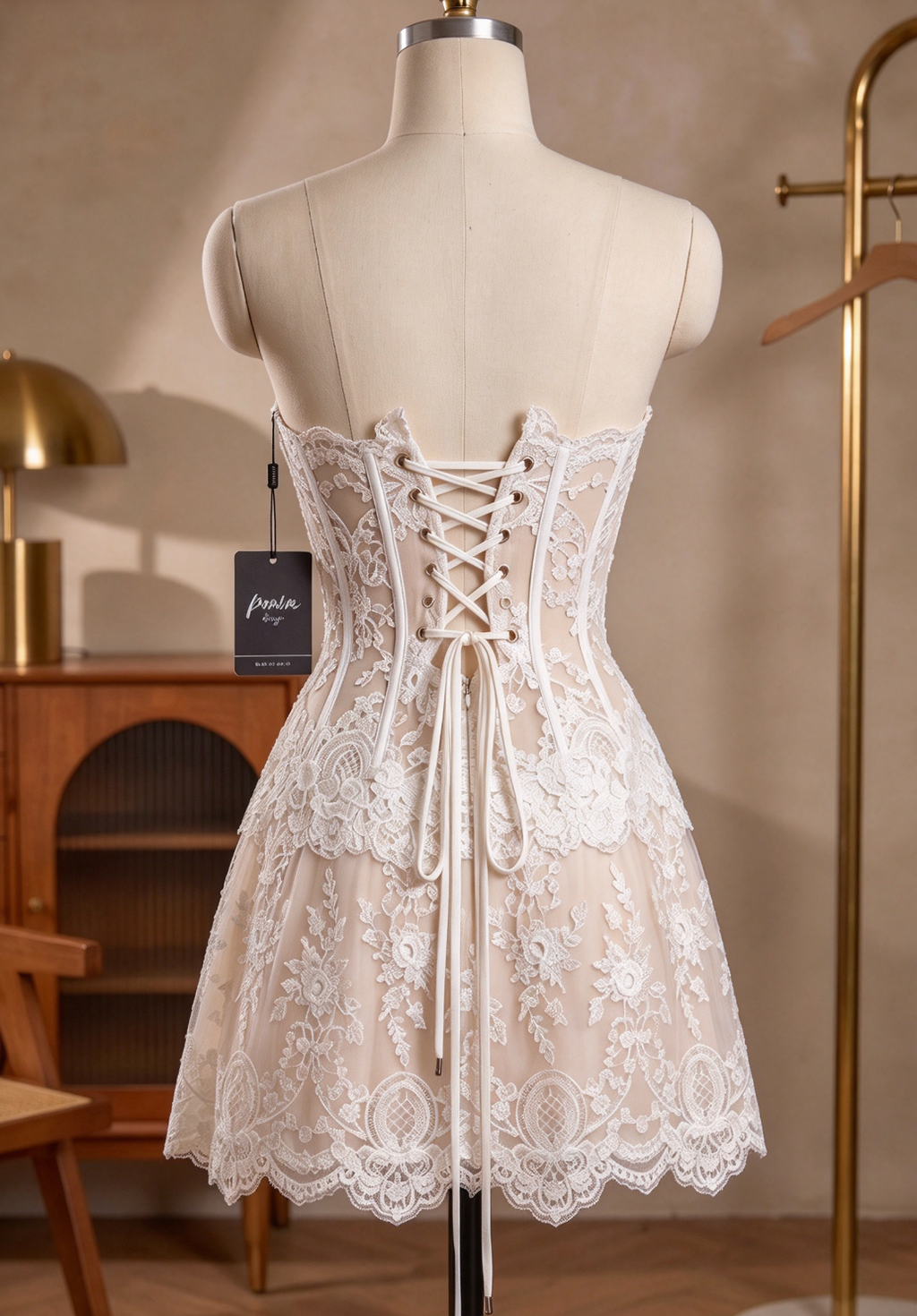 White Floral Lace Fit-and-Flare Corset Mini Dress with Detached Sleeves Flowering Girl