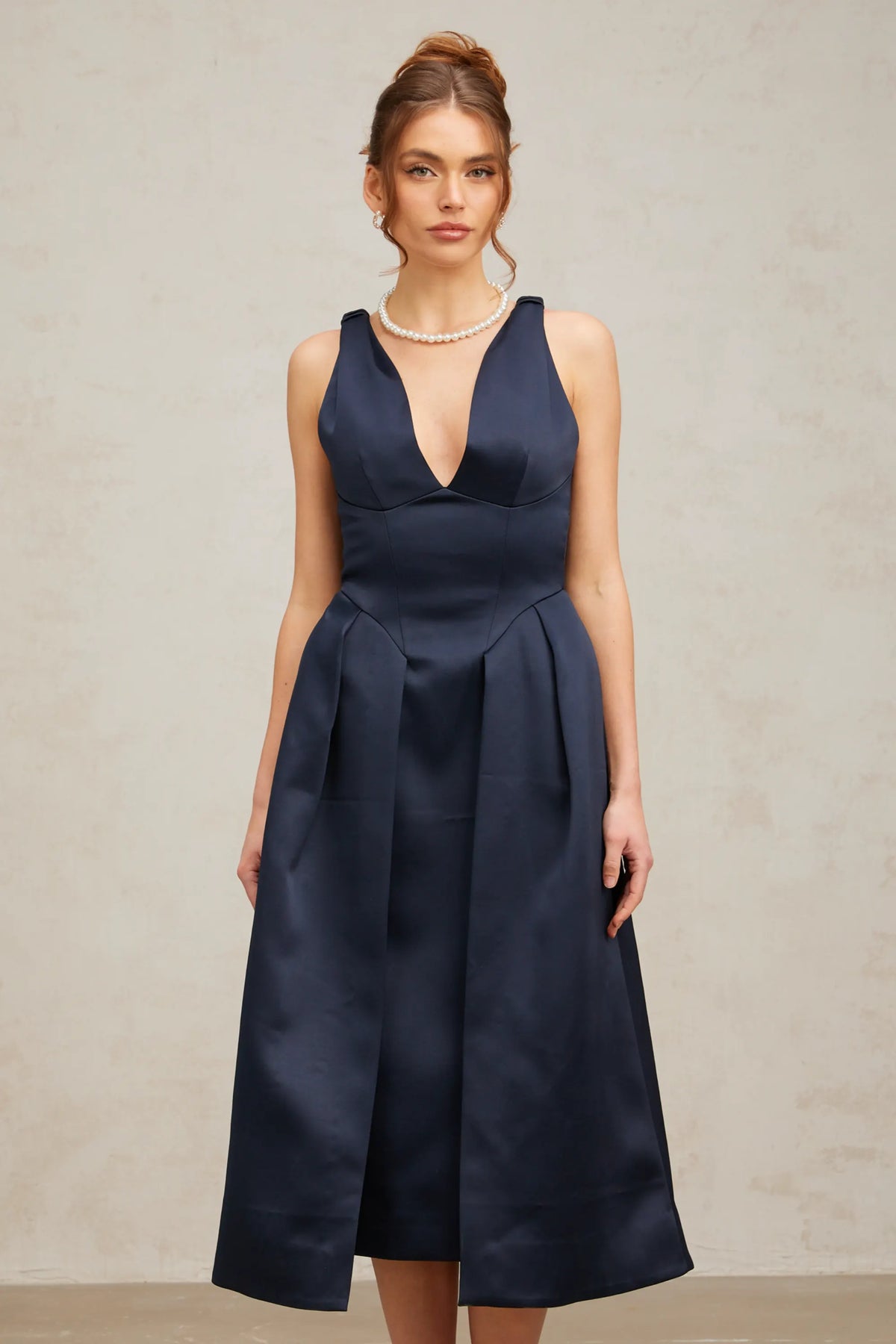 Chantale blue twist-detail satin midi dress Flowering Girl