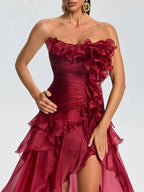 Quorvia Red Strapless Ruched Maxi Dress Flowering Girl