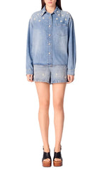 Denim Shirt with Embroidered Beads Flowering Girl