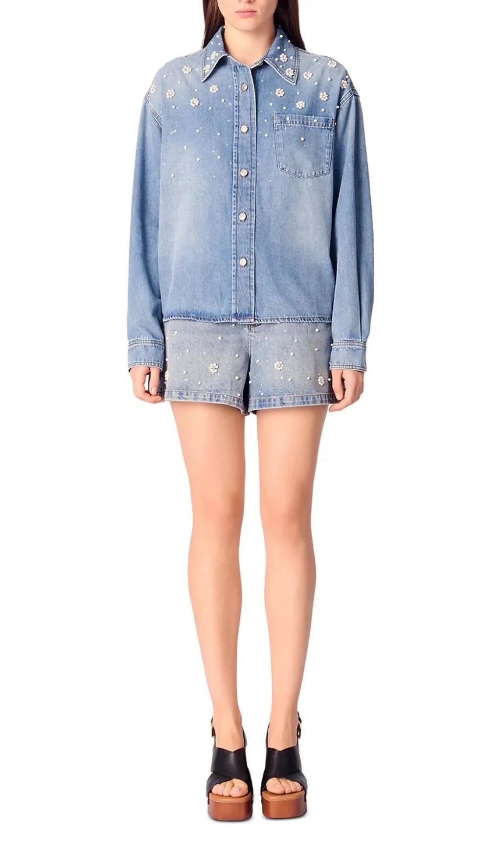 Denim Shirt with Embroidered Beads Flowering Girl