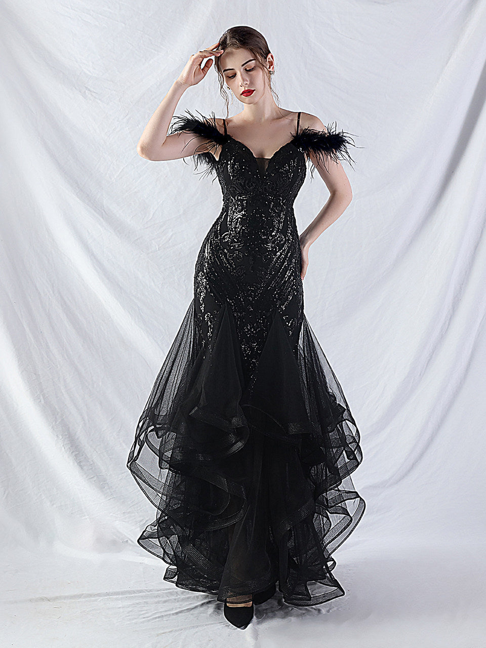 Feather Sequin Strapless Tulle Maxi Dress Flowering Girl