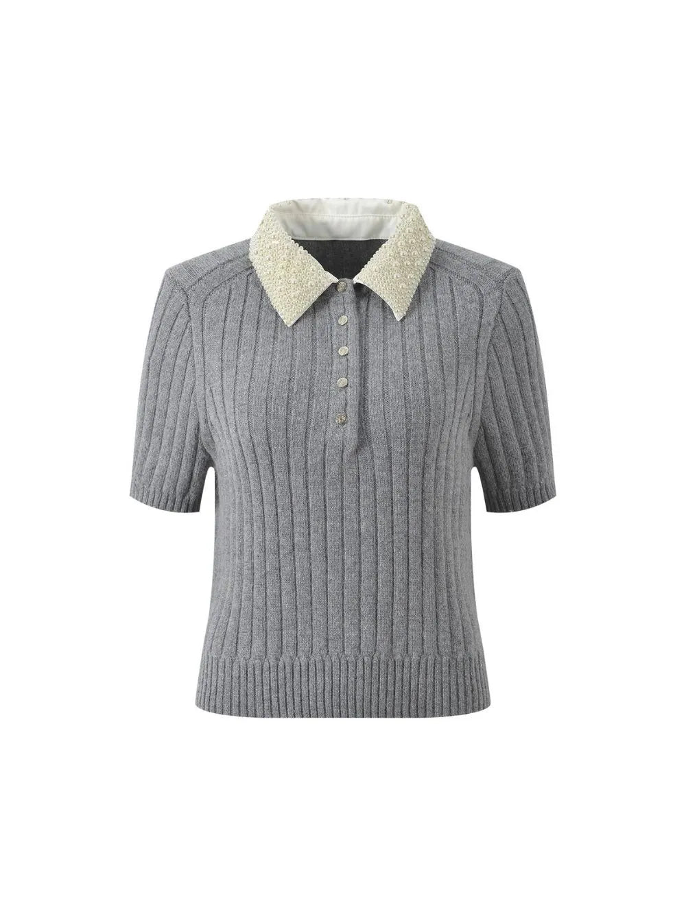 Beaded Collar Ribbed Sweater Flowering Girl