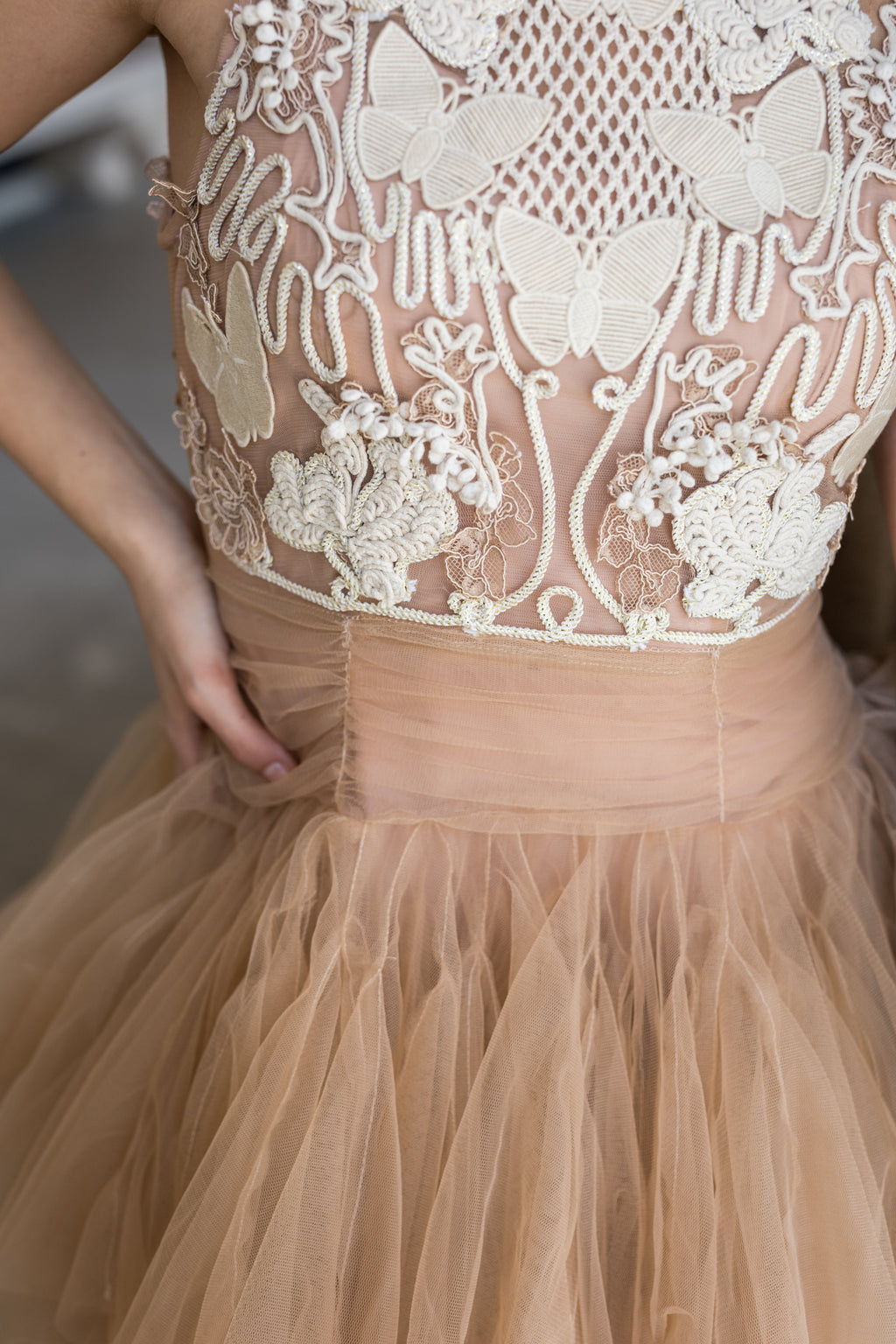 Ballerina | Beige Tulle Mini Dress With 3D Applique Flowering Girl