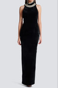 Embroidered Velvet Halterneck Maxi Dress In Black Flowering Girl