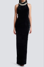 Embroidered Velvet Halterneck Maxi Dress In Black Flowering Girl