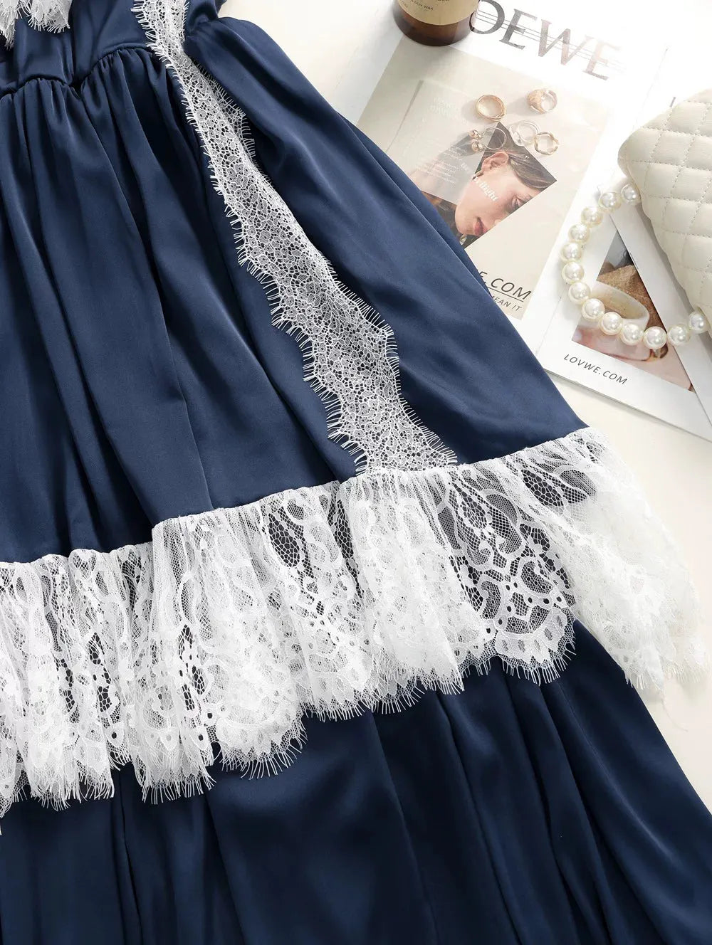 Navy Spaghetti Strap V-Neck Tiered Lace Fringe Maxi Dress Flowering Girl