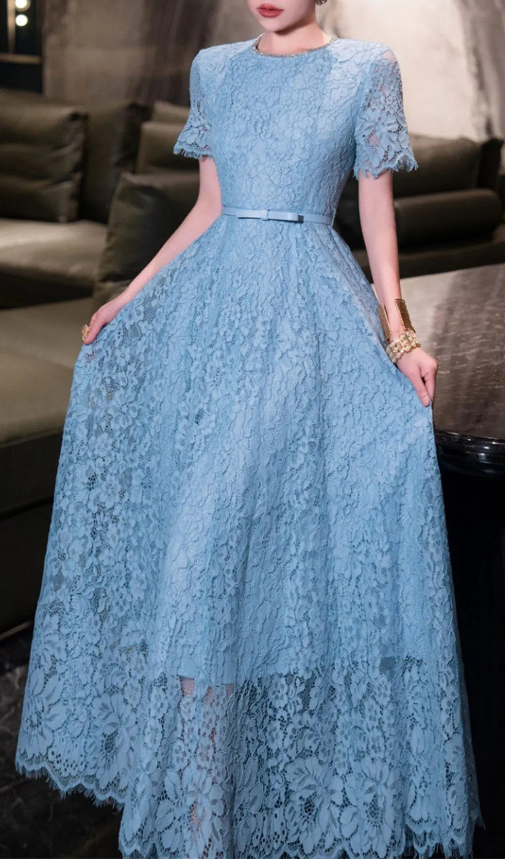 Hilary Blue Lace Midi Dress Flowering Girl