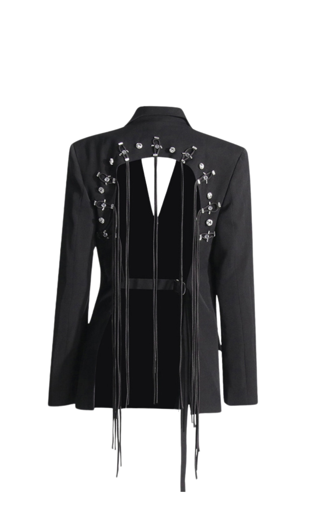 Vienna Hollow Fringe Backless Blazer In Black Flowering Girl