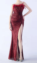 Chroma Wine Sequin Flower Feather Maxi Dress Flowering Girl