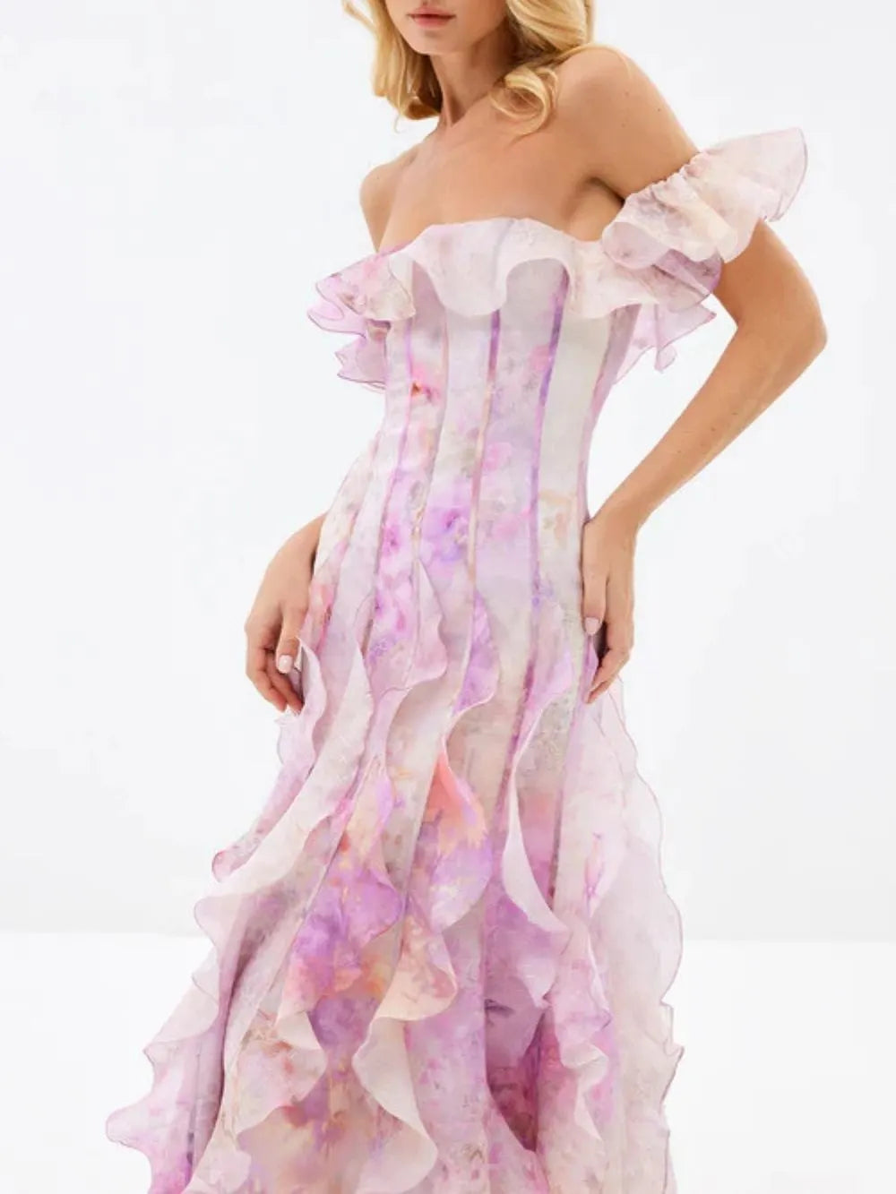 Helen Floral Frill Off-Shoulder Maxi Dress In Pink Flowering Girl