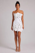 White Structured Crepe 3D Floral Bodycon Mini Dress Flowering Girl