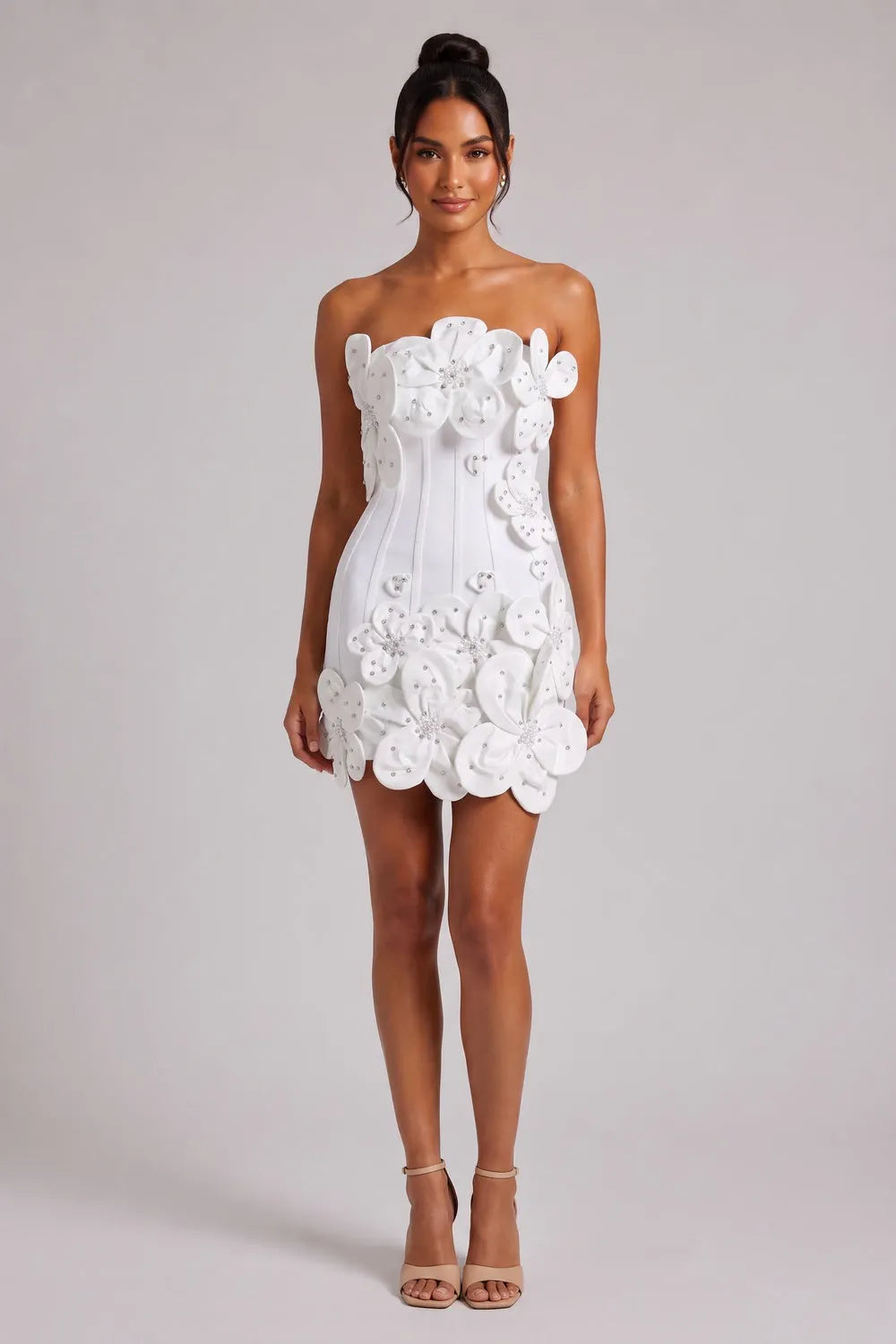 White Structured Crepe 3D Floral Bodycon Mini Dress Flowering Girl