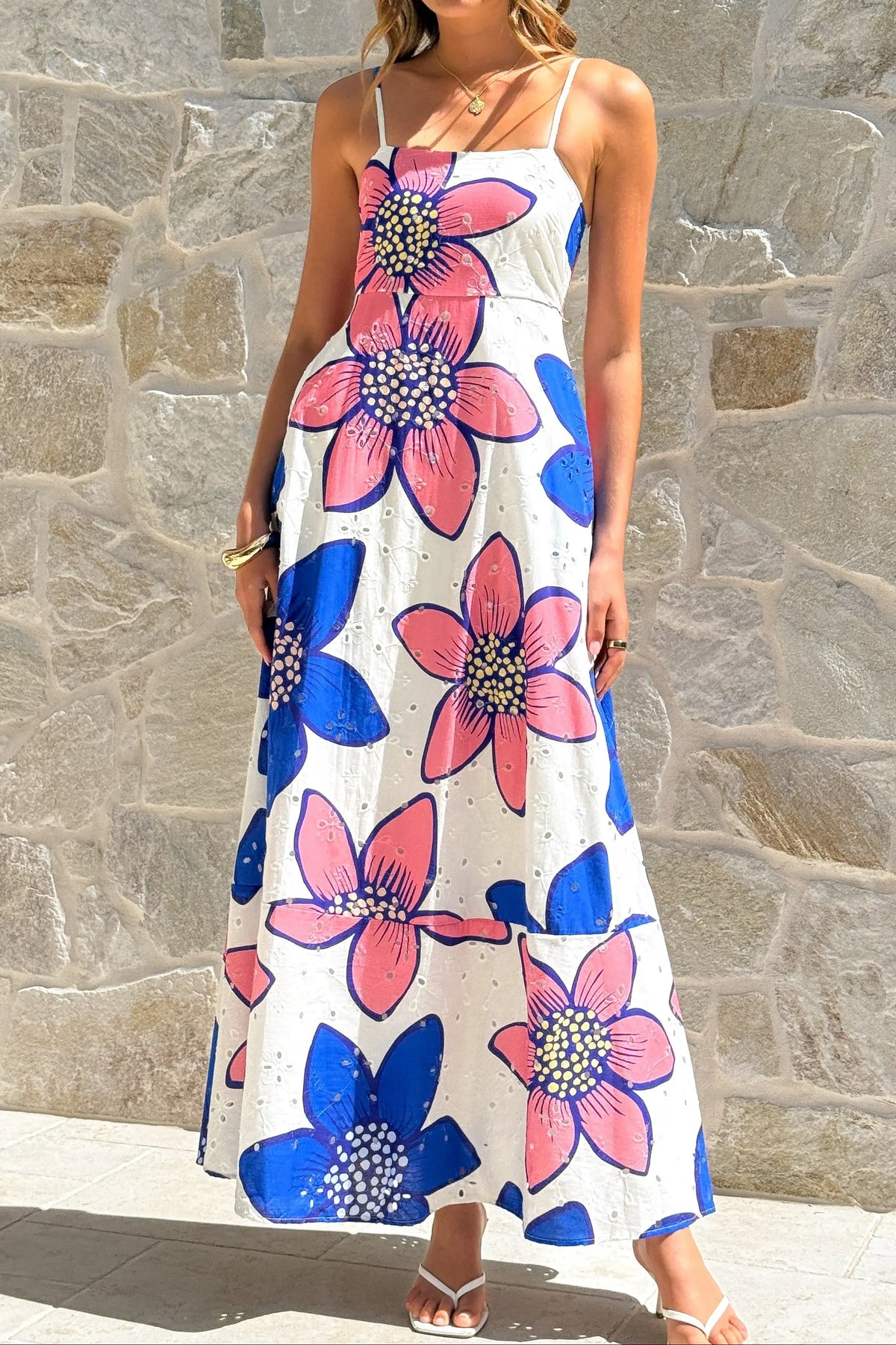 Penelope Botanic Blue-Pink Print Eyelet Maxi Dress Flowering Girl