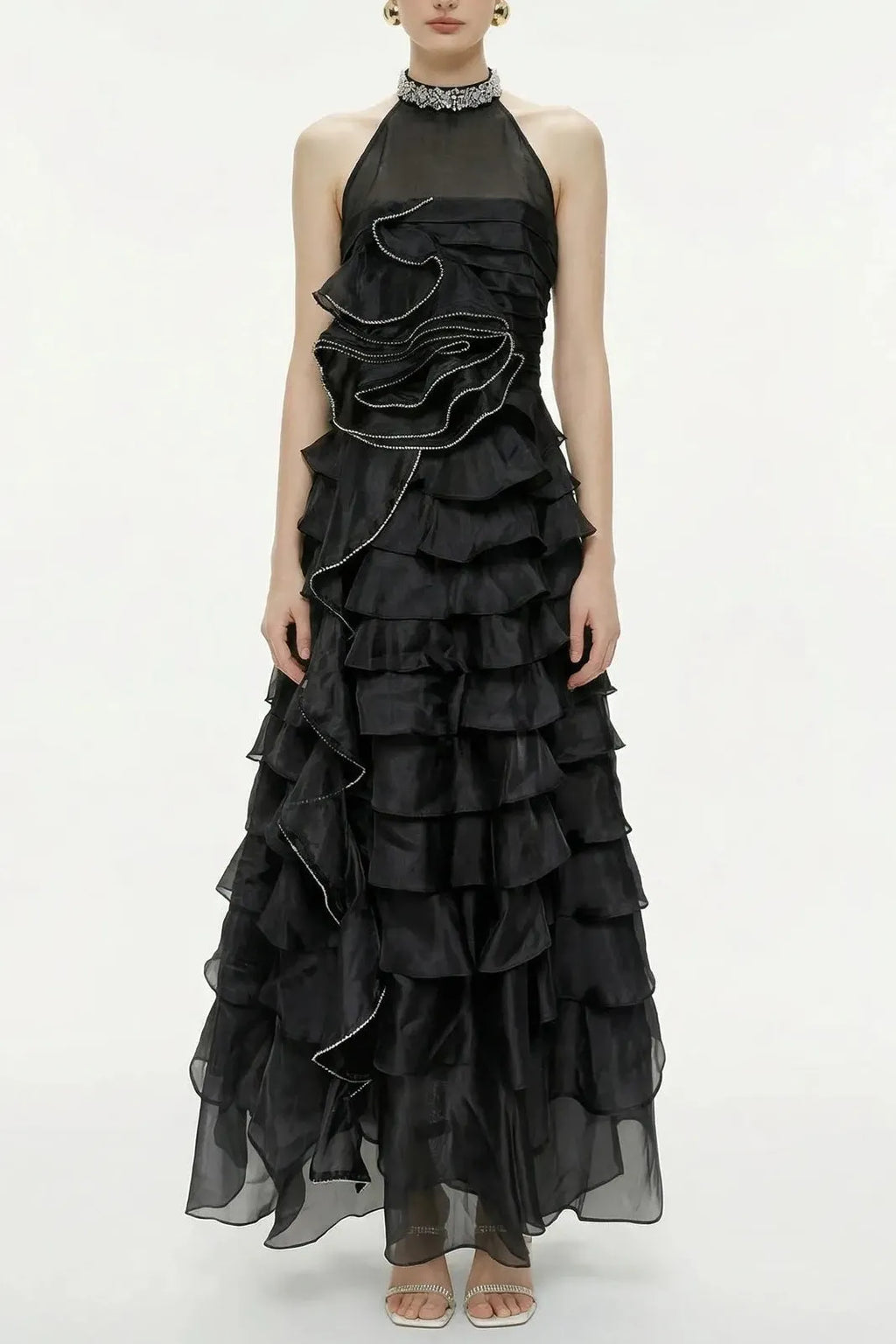 Samantha Black 3D Petal Ruffled Rhinestone Embellished Maxi Dress Flowering Girl