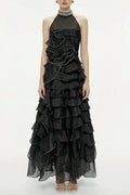 Samantha Black 3D Petal Ruffled Rhinestone Embellished Maxi Dress Flowering Girl