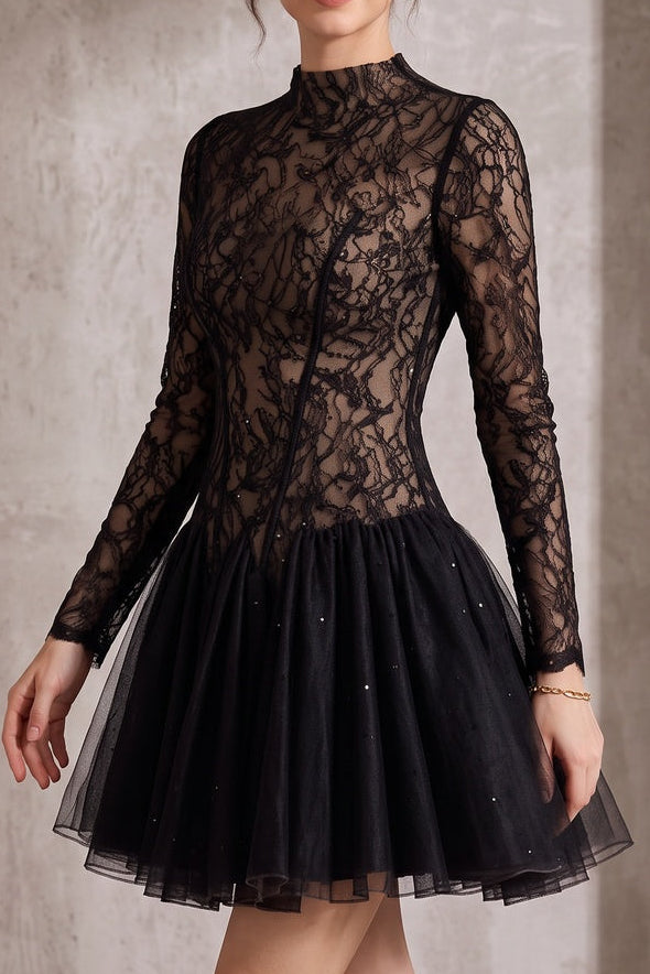 Black Sheer Lace High Neck Long Sleeve Tulle Mini Dress Flowering Girl