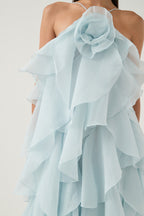 Caysie Halter Floral Ruffle Layered Maxi Dress in Blue Flowering Girl