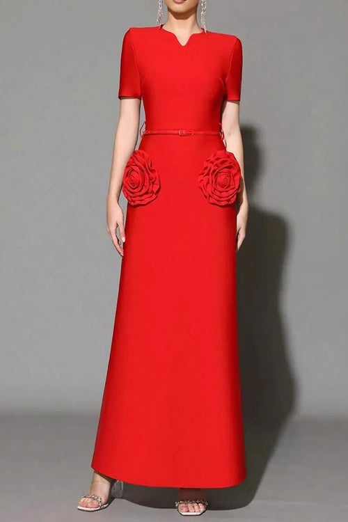 3d Flower Embellished Slim Maxi Dress In Red Flowering Girl