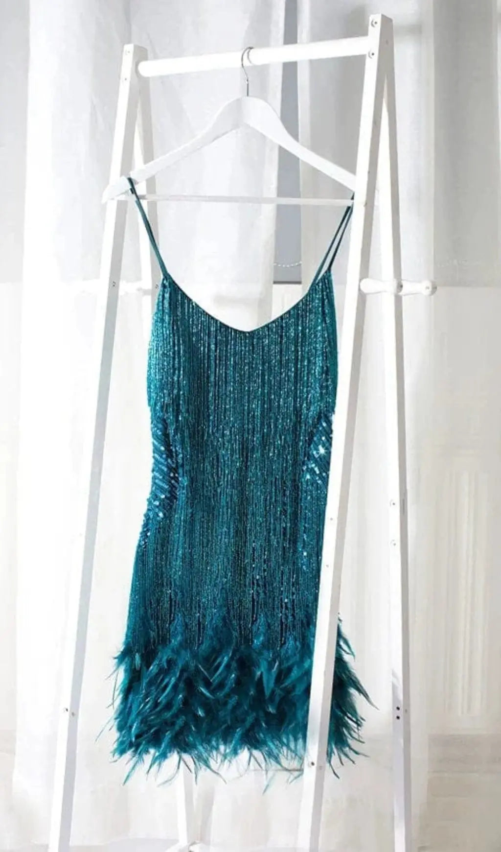 Tassel Feather Mini Dress In Dark Green Flowering Girl
