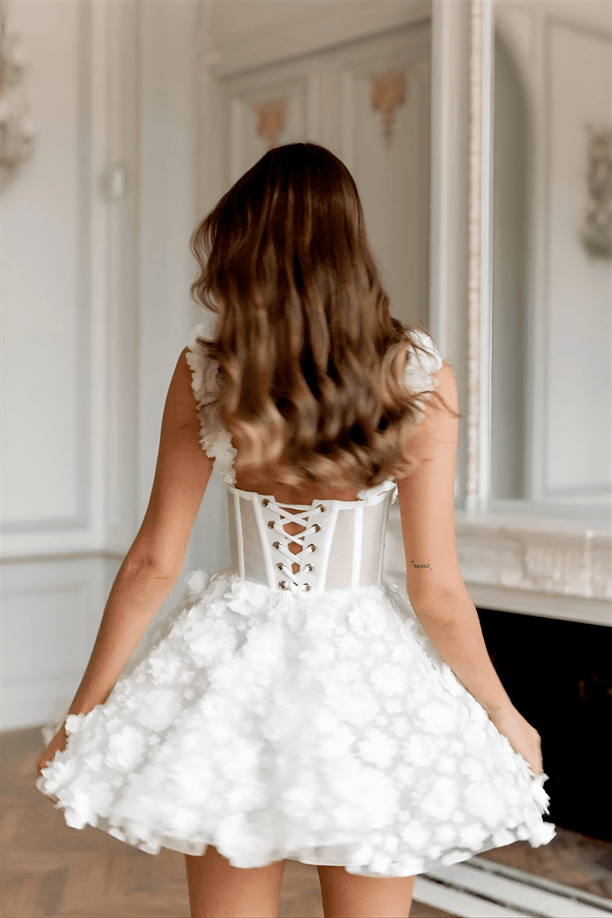 White Flower Lace Embroidery Lace-Up Spaghetti Strap Mini Dress Flowering Girl