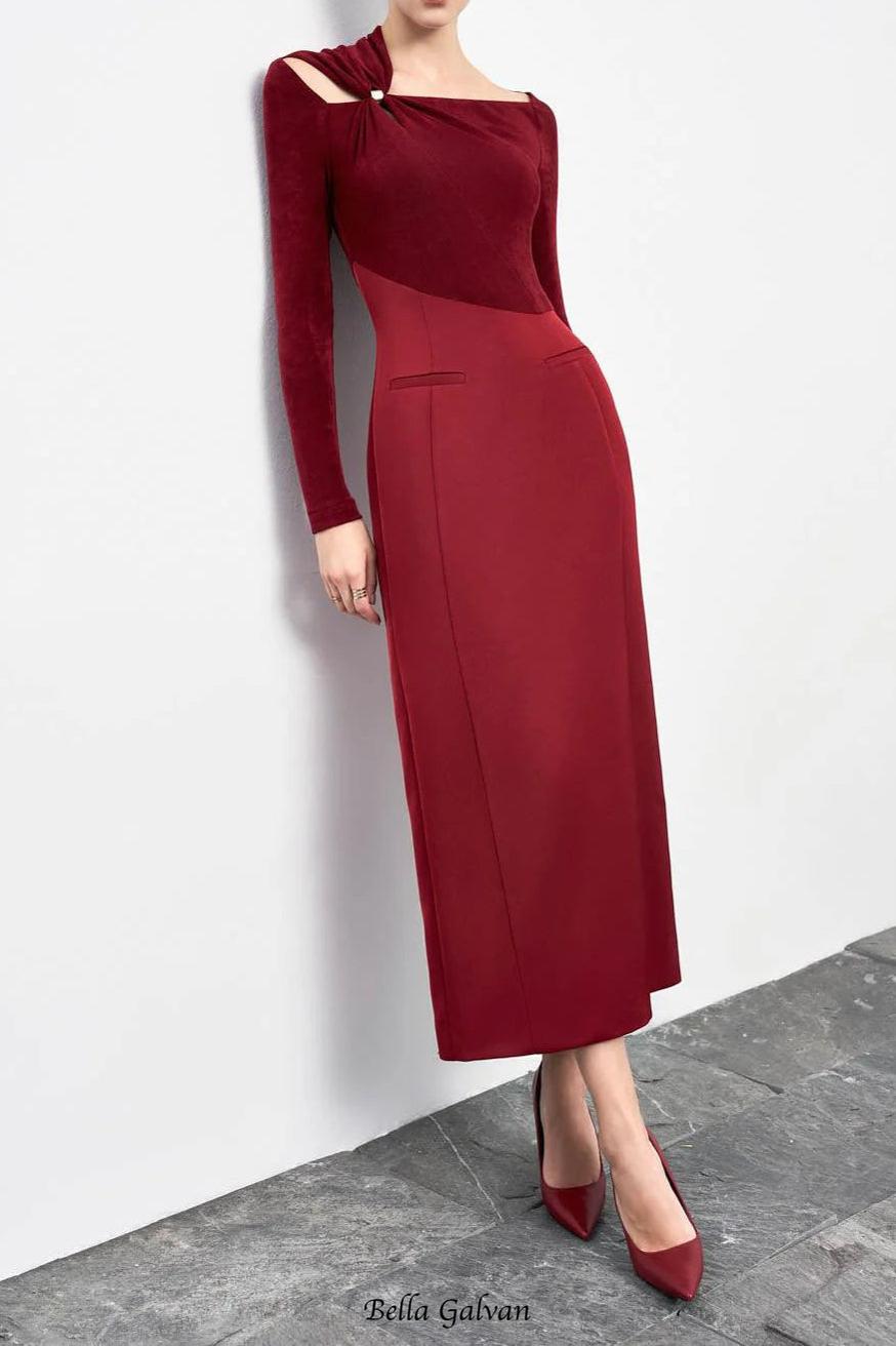 Eleanor Sheath Asymmetric Neck Taffeta Midi Dress in red Flowering Girl