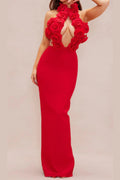 Halter 3d Flower Hollow Out Backless Maxi Dress In Red Flowering Girl