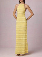 Mercedes Yellow Halter Ruffle Backless Maxi Dress Flowering Girl